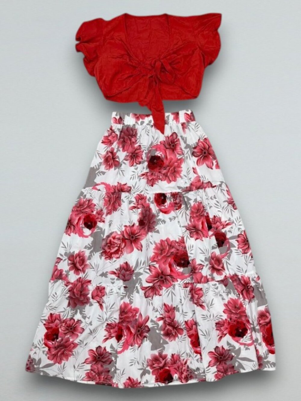 Red Tie Front Crop Top Floral Tiered Maxi Skirt 2 Piece Set Size Small - Picture 1 of 8